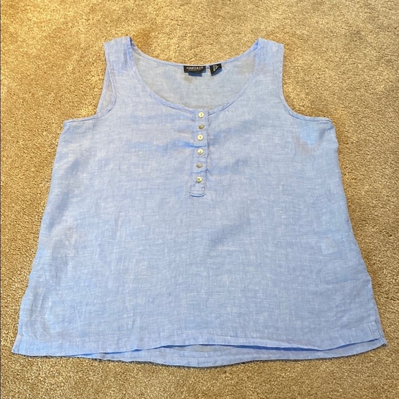 Jones & Co Linen Henley Tank Top Mother of Pearl Buttons Chambray Blue Sz M - Picture 1 of 8